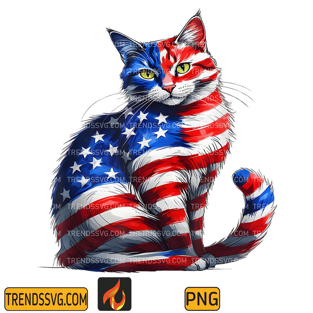 Cute-Cat-With-Green-Eyes-USA-Flag-4th-Of-July-Png