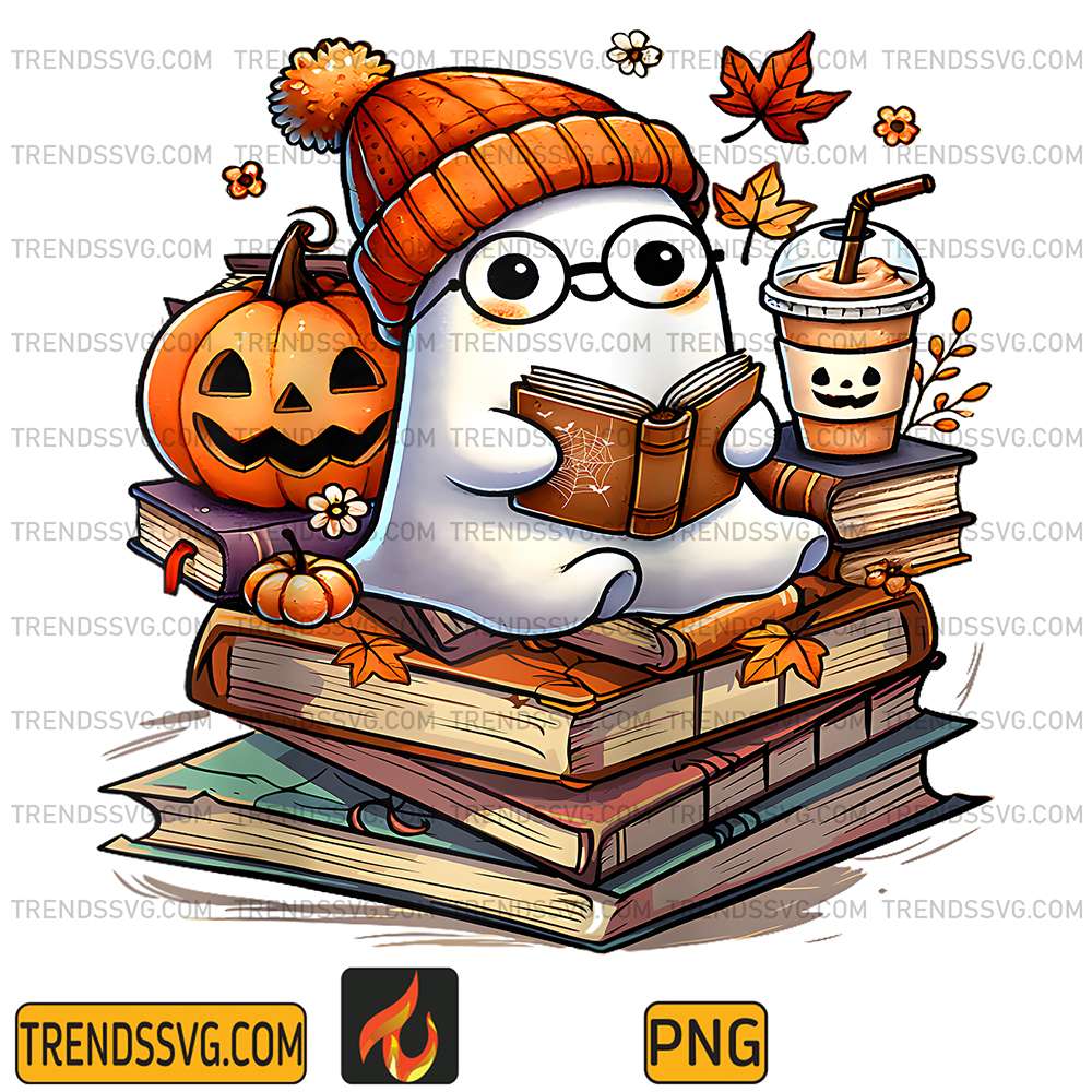 Cute-Ghost-Reading-Book-Lovers-Autumn-Fall-Halloween-Ghost-Raglan-Baseball-Png