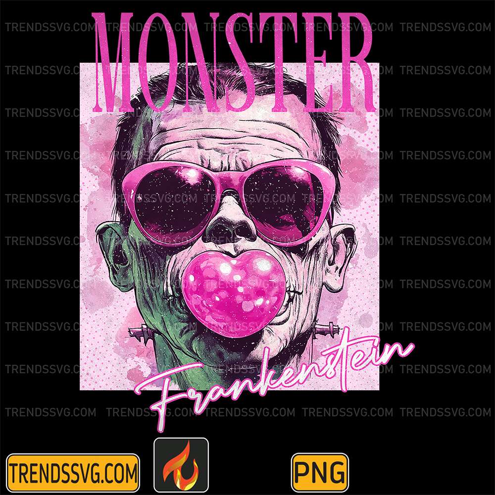 Retro-Halloween-Horror-Frankenstein-Characters-Blowing-Bubble-Png