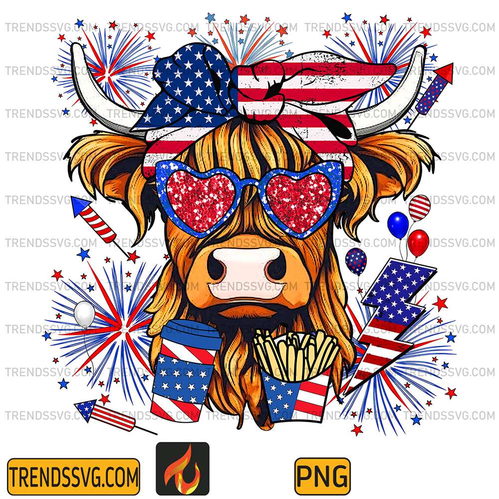 Western-America-Highland-Cow-4th-Of-July-Png