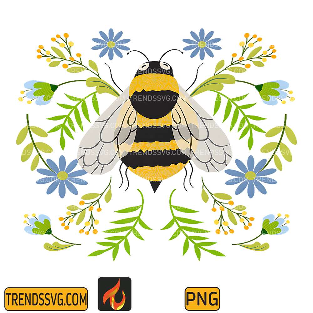 Boho-Bee-And-Flowers-Png