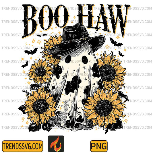 Boo-Haw-Png-Cowboy-Ghost-Western-Halloween-Sublimation-Retro-Fall-Sunflower-Png