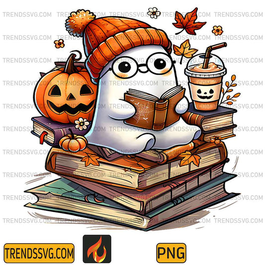 Cute-Ghost-Reading-Book-Lovers-Autumn-Fall-Halloween-Ghost-Raglan-Baseball-Png