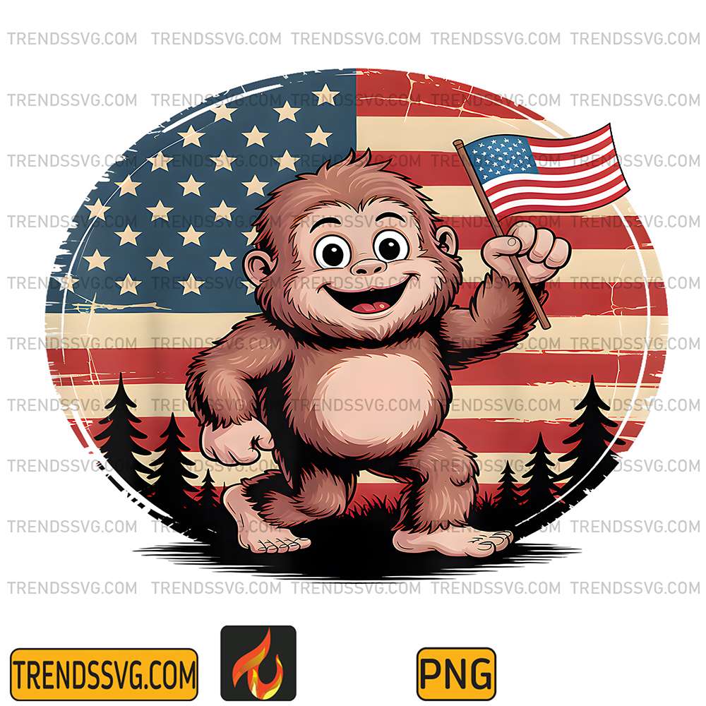 Cute-Patriotic-Baby-Bigfoot-Holding-Flag-4th-Of-July-Png