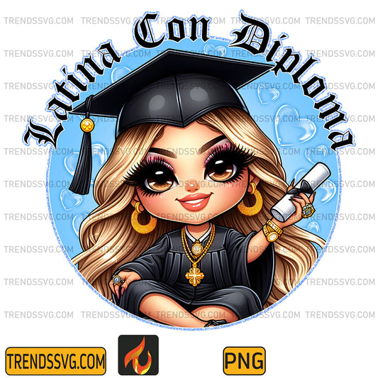 LatinaConDiplomaChicanoGraduationChibiStylePng_2