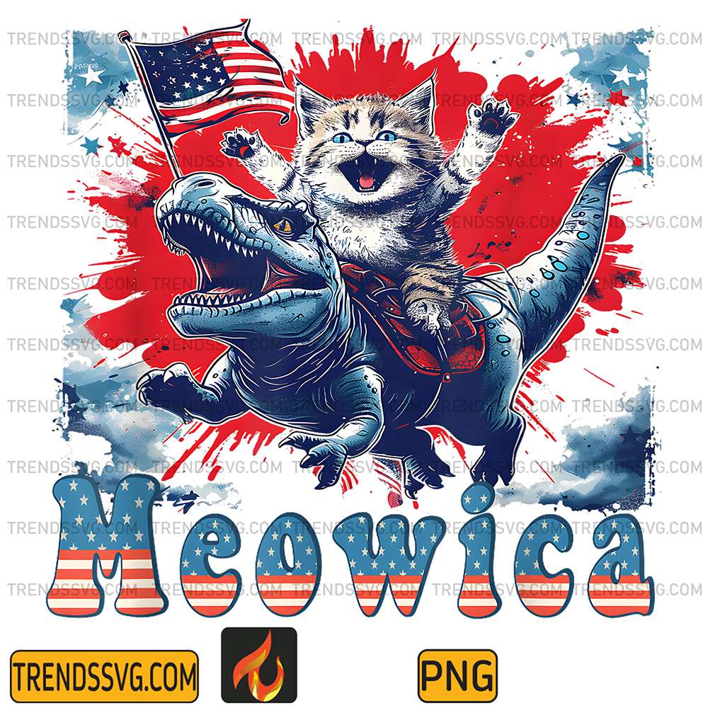 Meowica-Cat-Riding-A-Dinosaur-4th-Of-July-Png