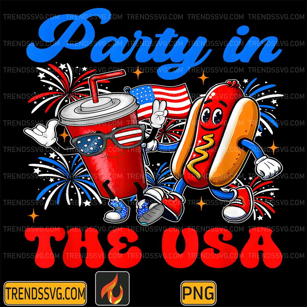 Party-In-The-USA-4th-Of-July-Cute-Soda-And-Hotdog-Patriotic-Png