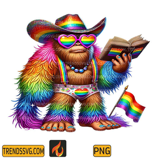 Rainbow-Pride-Bigfoot-Reading-Book-With-Heart-Glasses-Png
