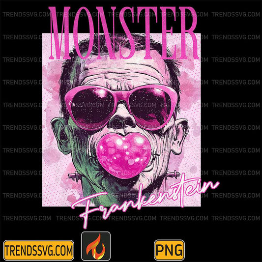 Retro-Halloween-Horror-Frankenstein-Characters-Blowing-Bubble-Png