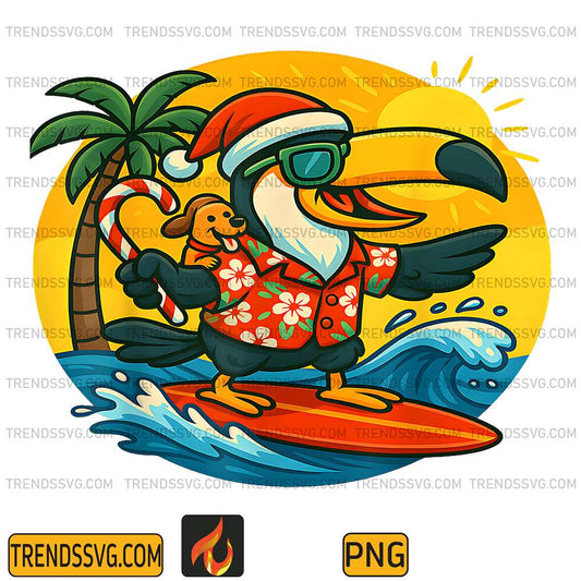 Surfing-Santa-Toucan-And-Dog-Tropical-Christmas-Png