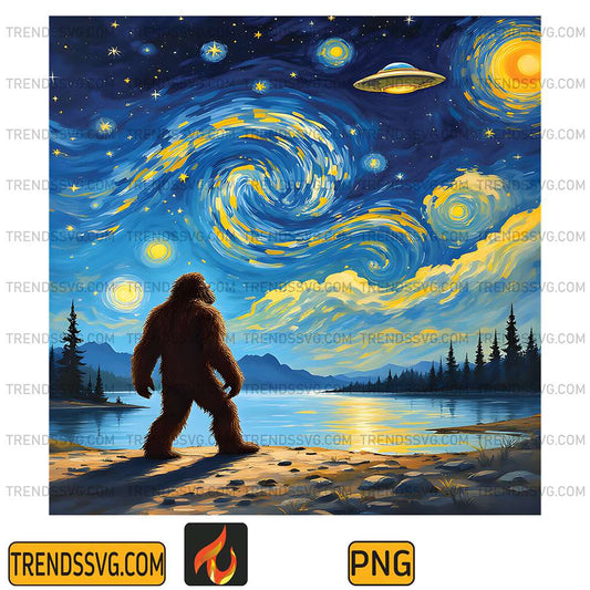 Van-Gogh-Style-Bigfoot-Gazing-At-UFO-Starry-Night-Mystery-Png