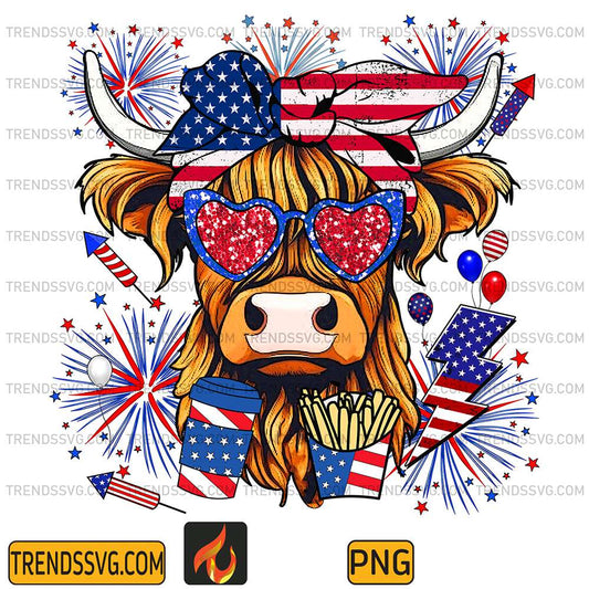 Western-America-Highland-Cow-4th-Of-July-Png
