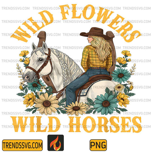 Wild-Flowers-Wild-Horses-Country-Sunset-Western-Cowgirl-Png